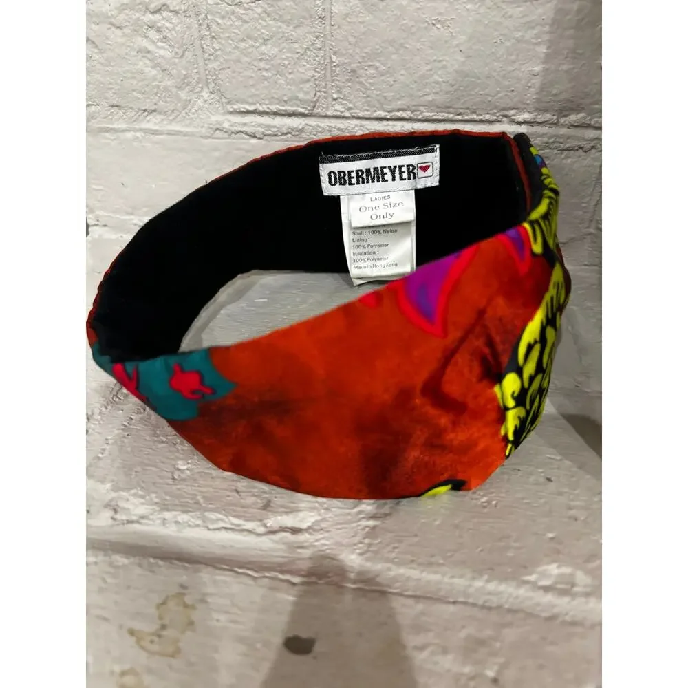Vintage Obermeyer Ski Mittens + Headband Set Neon 80s 90s One Size Leather Palm